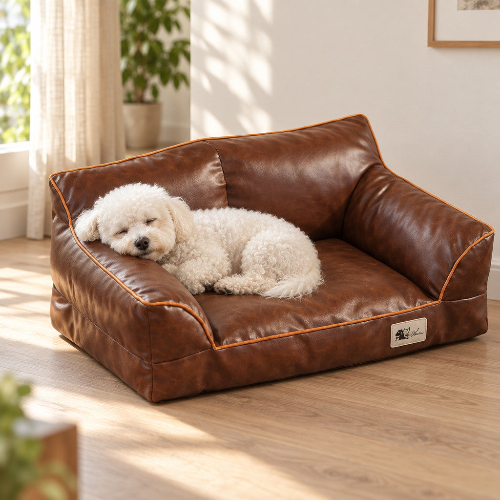 Canapé Alphonse brun, petit chien blanc endormi sur l'assise en simili cuir