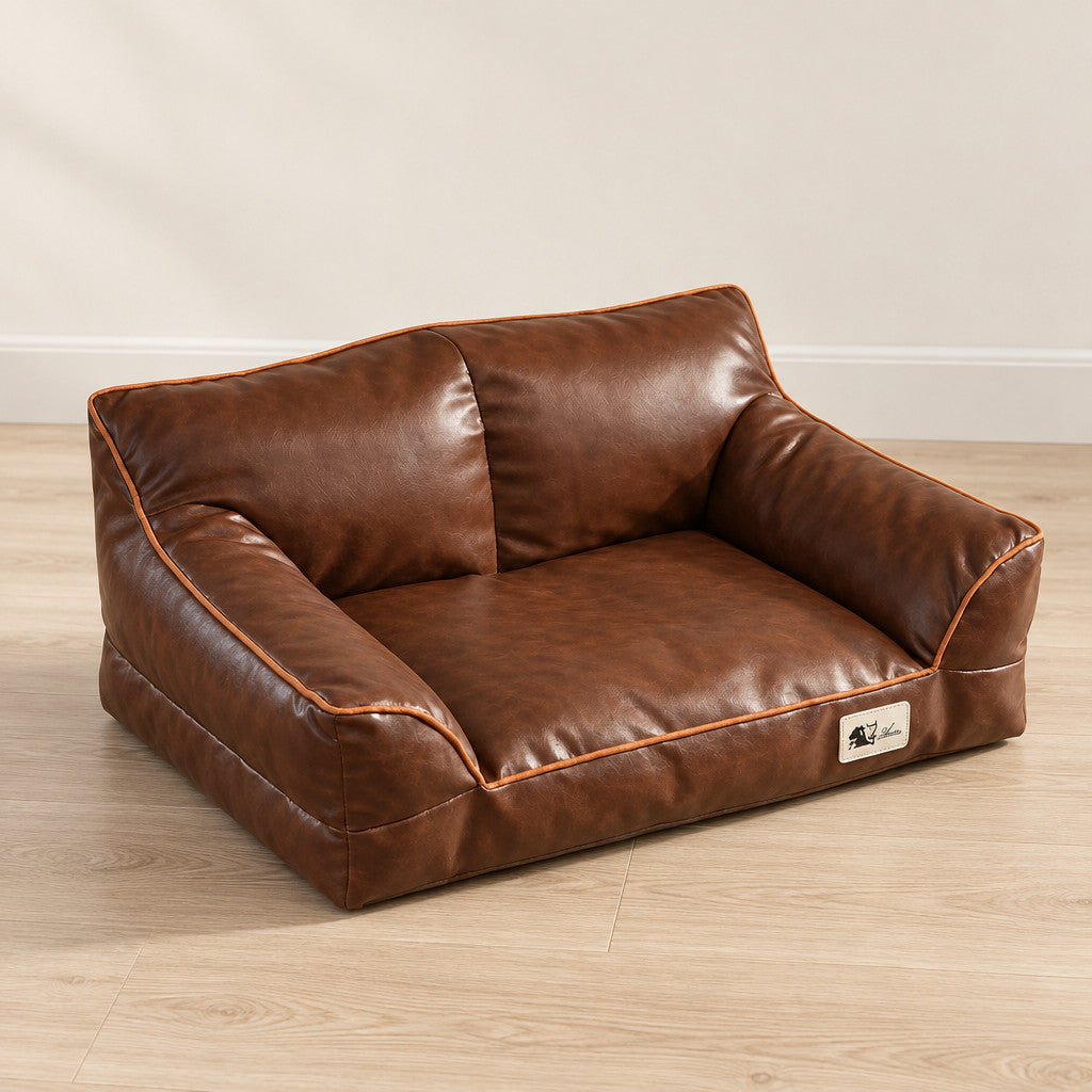 Canapé Alphonse brun seul, assise en simili cuir vue en entier