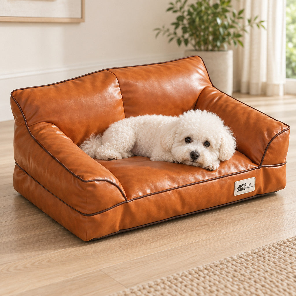 Canapé Alphonse orange, petit chien blanc allongé sur l'assise en simili cuir