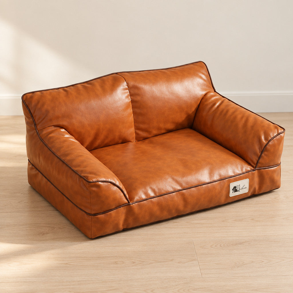 Canapé Alphonse orange seul, assise en simili cuir vue en entier