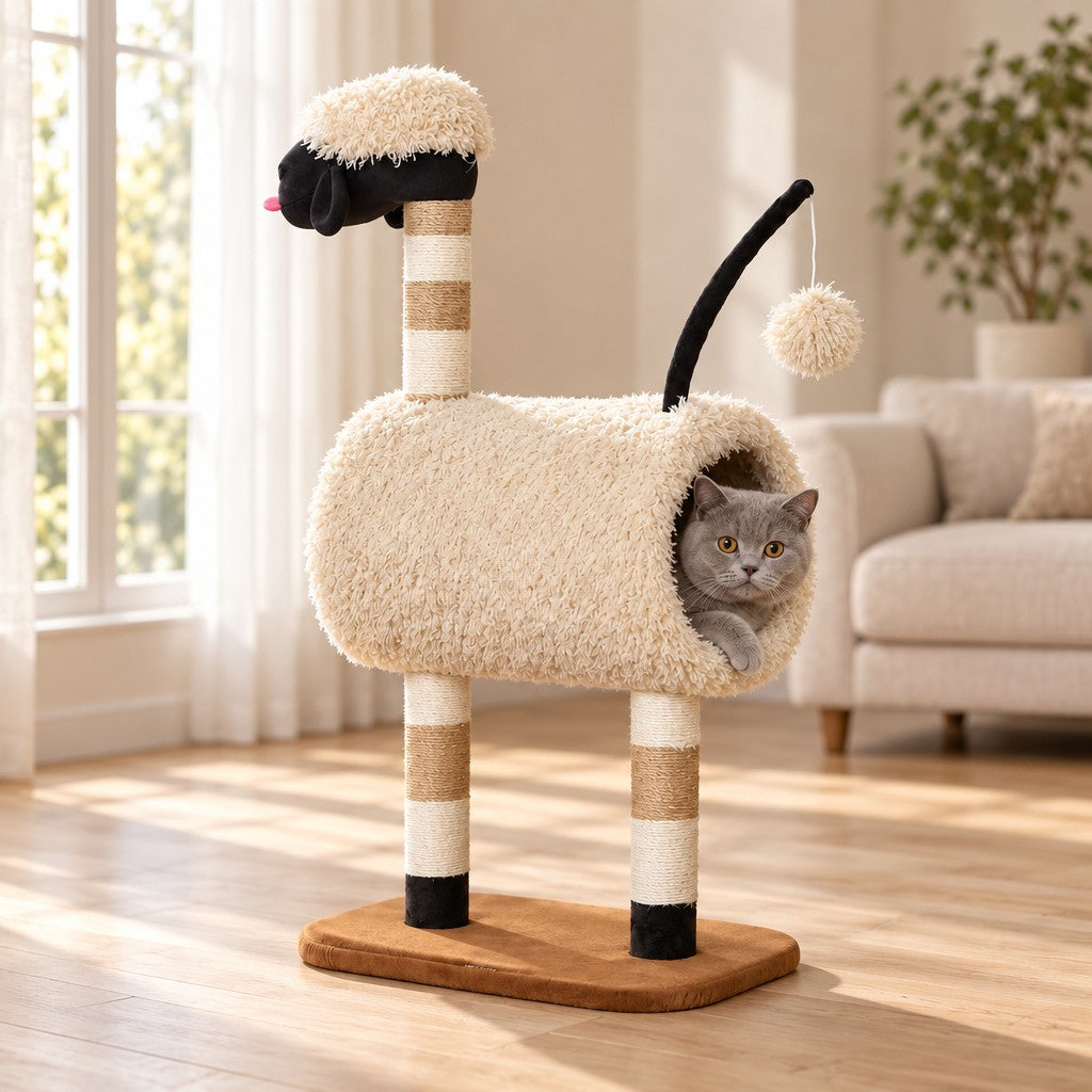 Un chat gris uni sort la tête par l'ouverture du tunnel en peluche bouclée de l'arbre à chat mouton, près d'une fenêtre voilée.