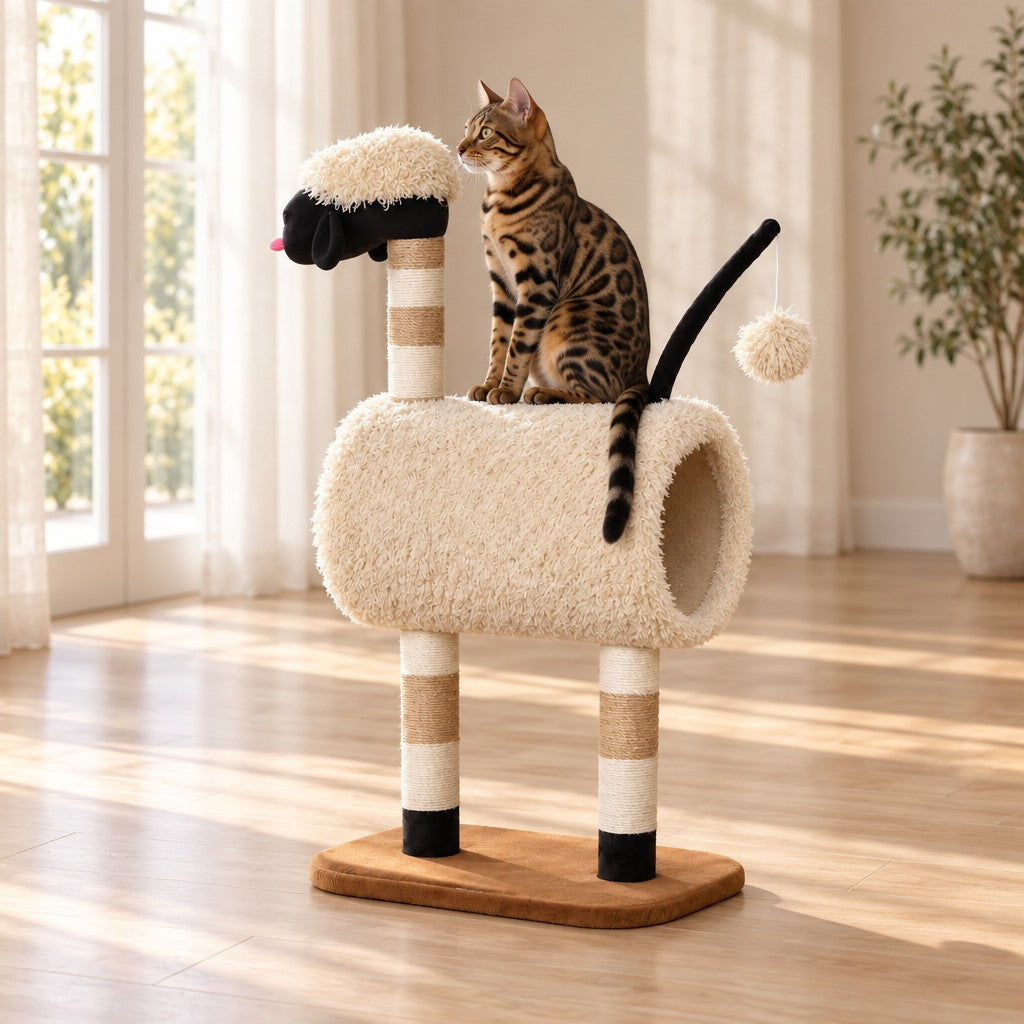 Un chat brun tacheté assis sur le dessus du tunnel de l'arbre à chat mouton, dans une grande pièce claire au parquet pâle.
