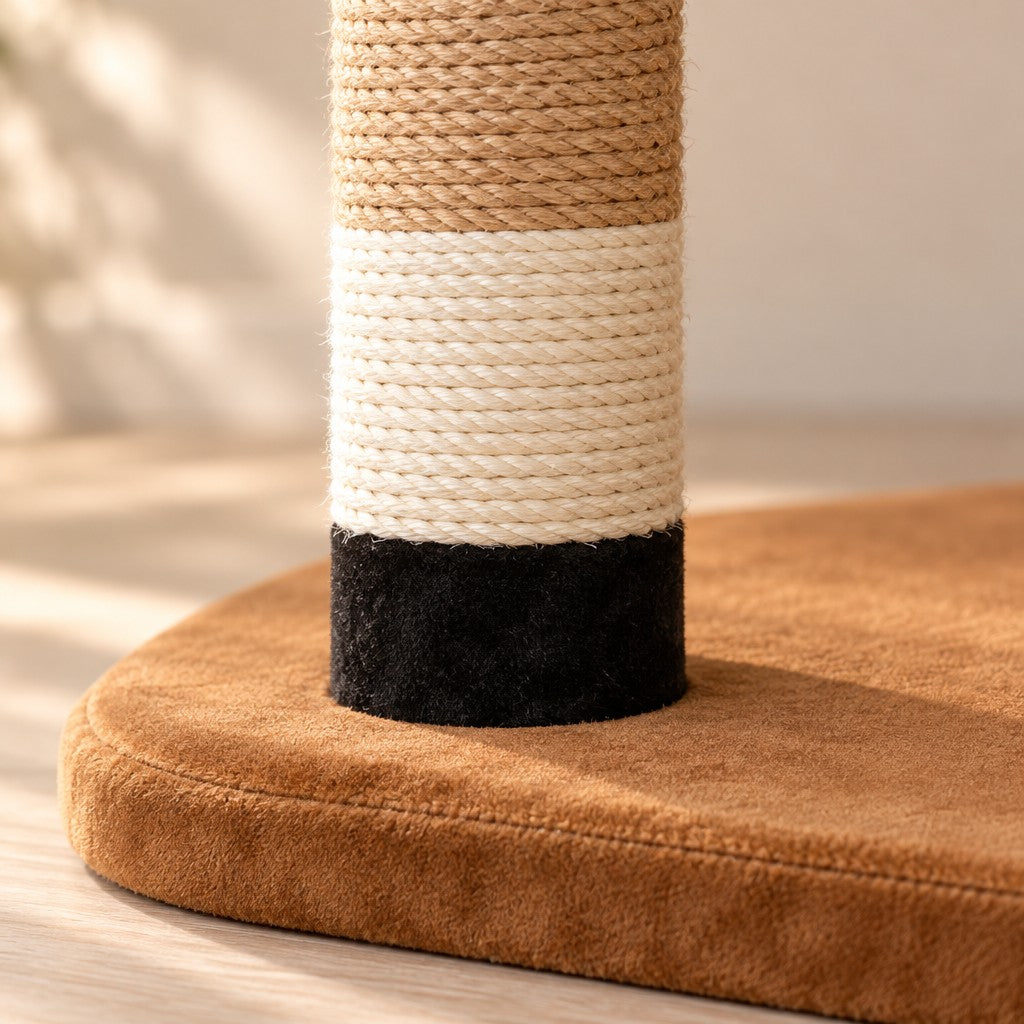 Gros plan sur un poteau cordé à bandes beige, écru et noire, planté dans le socle caramel en tissu velouté.