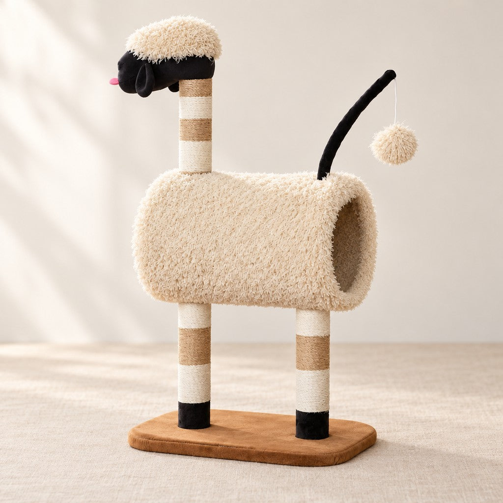 L'arbre à chat mouton vu de côté sur fond clair : tête noire à toison bouclée, tunnel en peluche écrue, deux poteaux cordés et socle caramel.