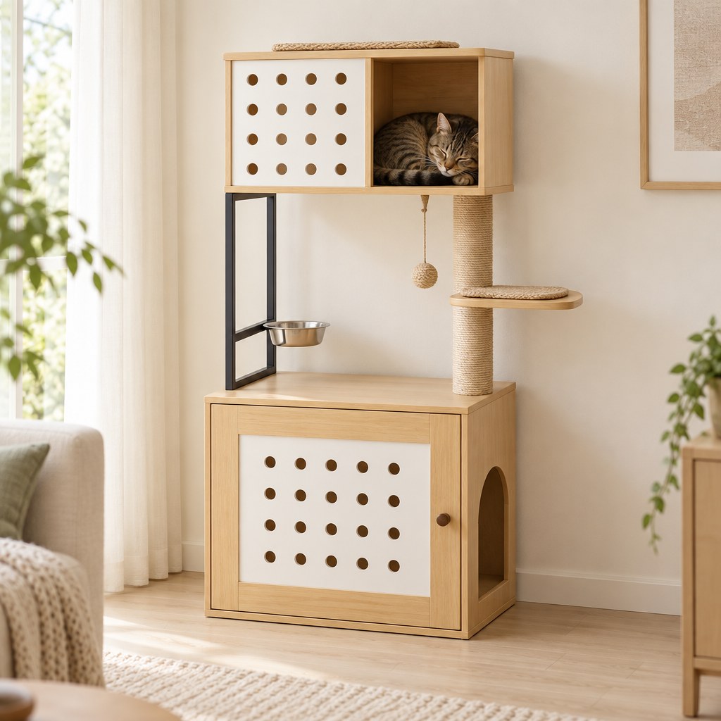 L'arbre à chat en bois clair dans un salon, un chat tigré endormi dans la niche du caisson haut