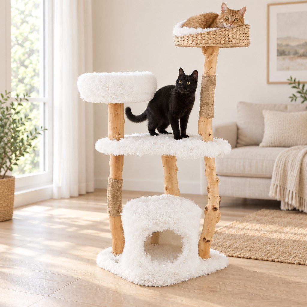 Un chat roux dans le panier tressé et un chat noir sur la plateforme de l'arbre à chat