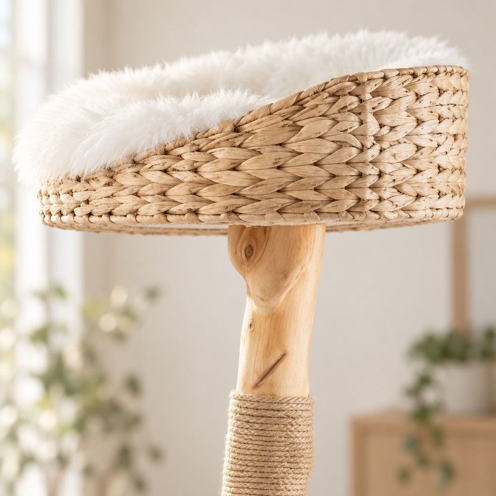 Gros plan sur le panier en quenouilles tressées garni de peluche blanche