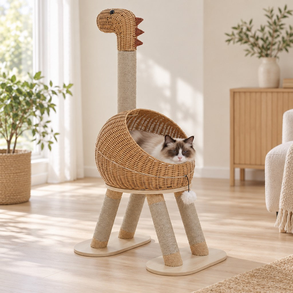 Chat au masque brun couché dans le nid en rotin de l'arbre à chat, la tête posée sur le bord de l'ouverture ronde.