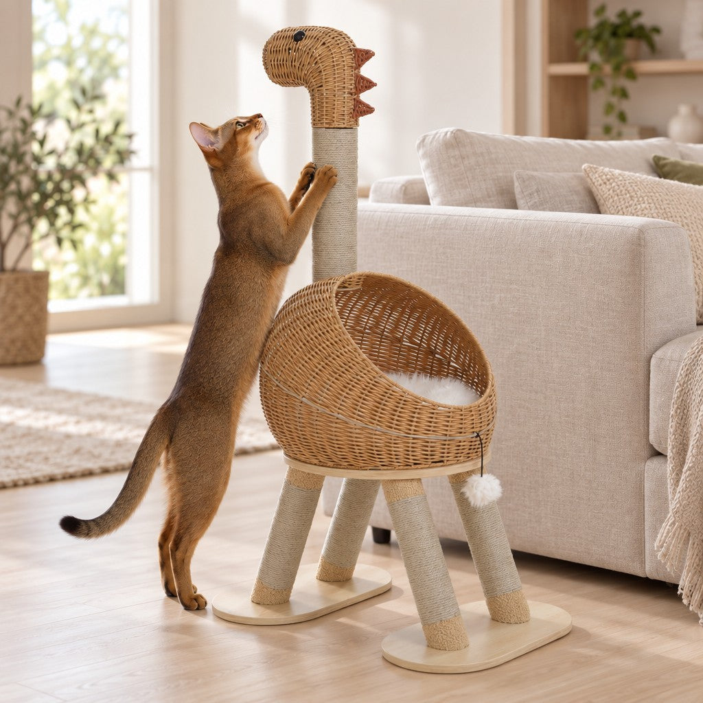 Chat roux dressé sur ses pattes arrière, les pattes avant posées sur le poteau de sisal qui forme le cou, à côté d'un canapé en lin.