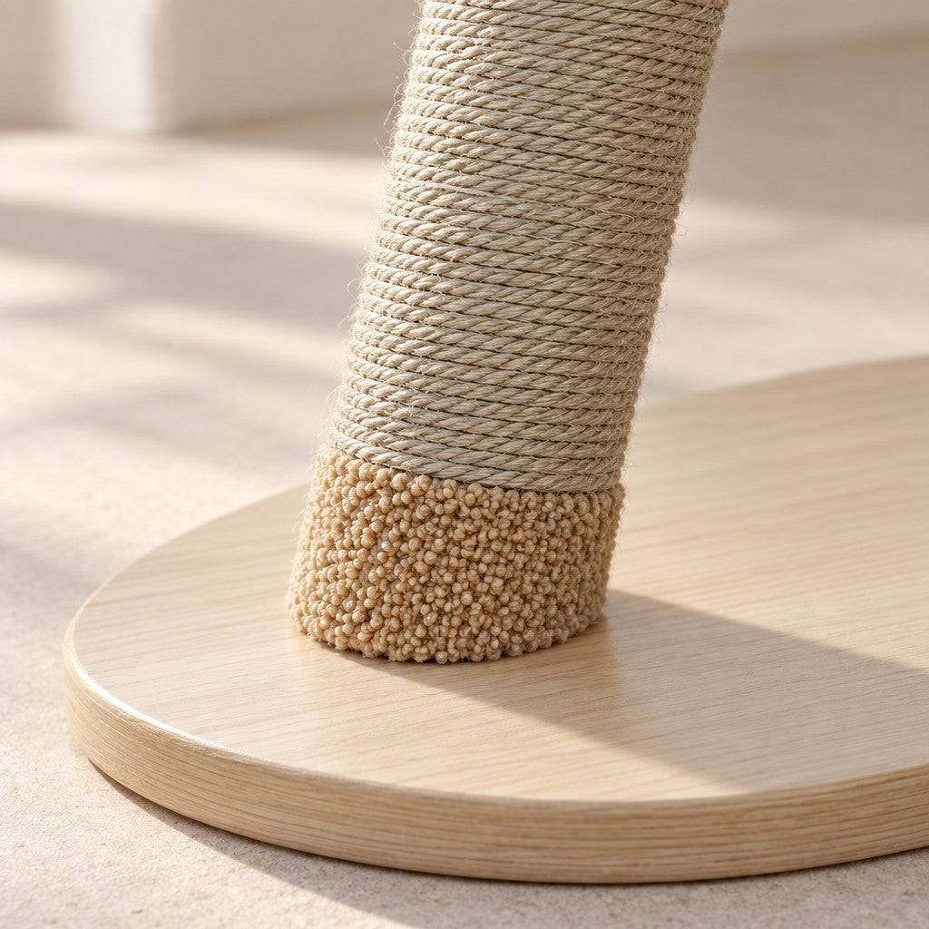 Gros plan sur le bas d'une patte, la corde de sisal enroulée, le manchon bouclé sable et le socle ovale en bois clair.