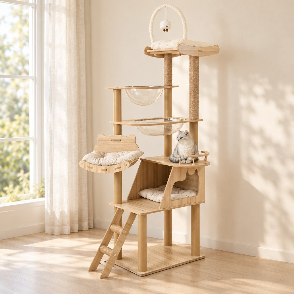 L'arbre à chat en bois clair dressé contre un mur crème près d'une fenêtre voilée, un chat gris argenté tigré assis derrière la main courante à trois balustres, sur la plateforme qui coiffe la niche.