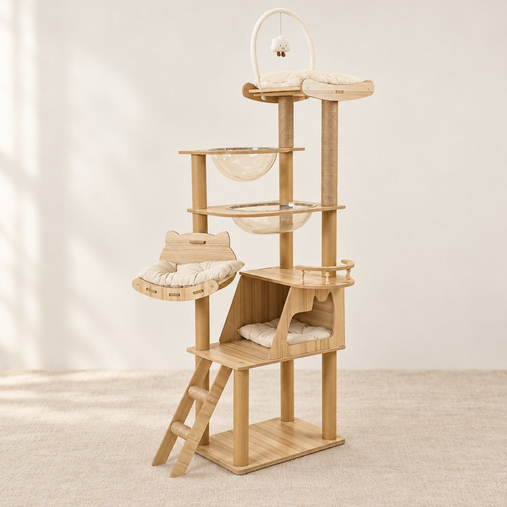 L'arbre à chat entier vu de face sur fond clair : échelle, niche fermée, hamac, deux bulles transparentes et plateforme haute à coussin.