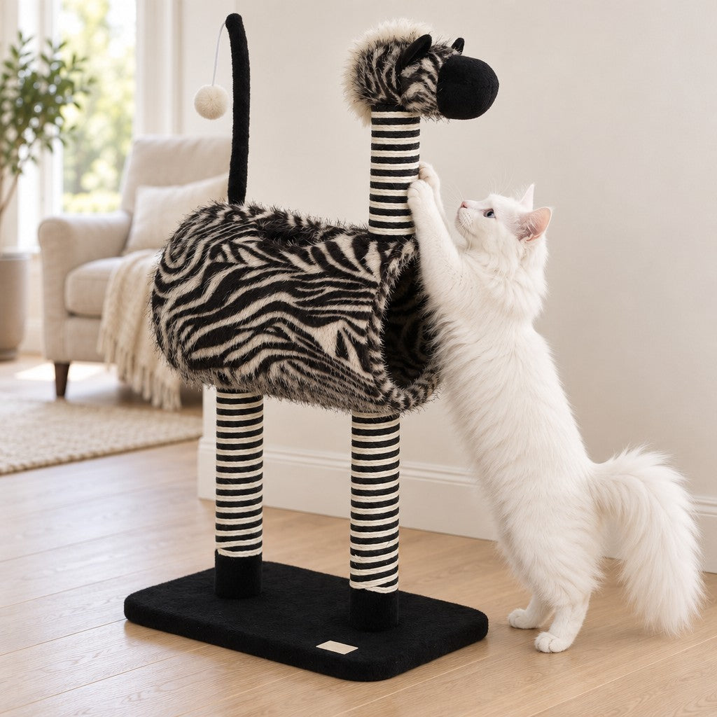 Un chat blanc à poil long dressé sur ses pattes arrière s'agrippe au poteau rayé noir et écru de l'arbre à chat, dans un séjour lumineux.