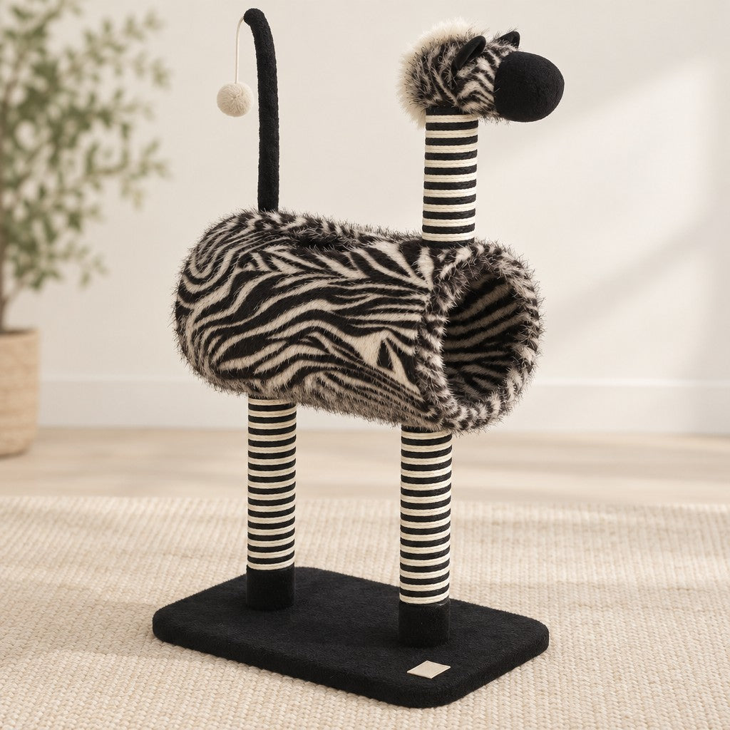 L'arbre à chat en forme de zèbre vu de côté sur fond clair : tunnel en fourrure zébrée, poteaux rayés, socle noir, queue et pompon écru.