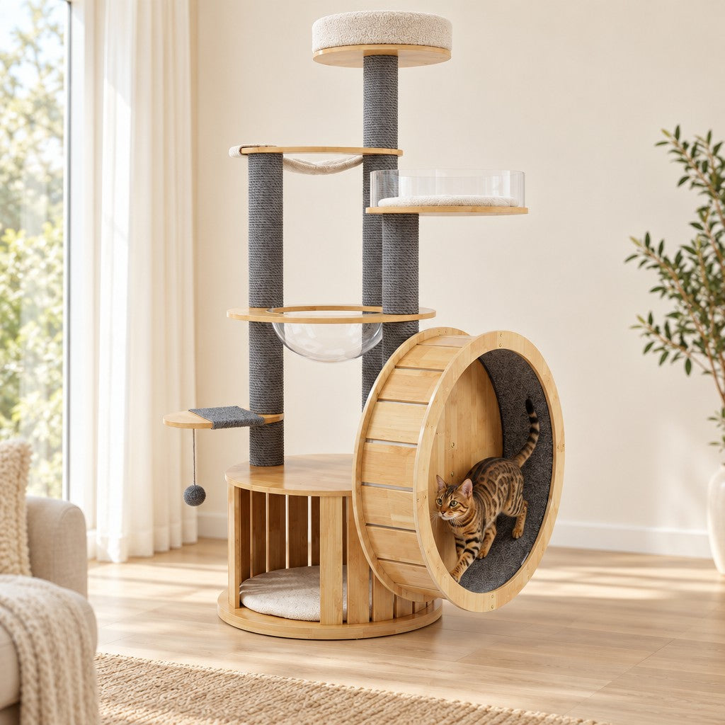 Un chat brun tacheté marche sur la piste en moquette grise à l'intérieur de la roue en bois de l'arbre à chat, dans un salon clair.