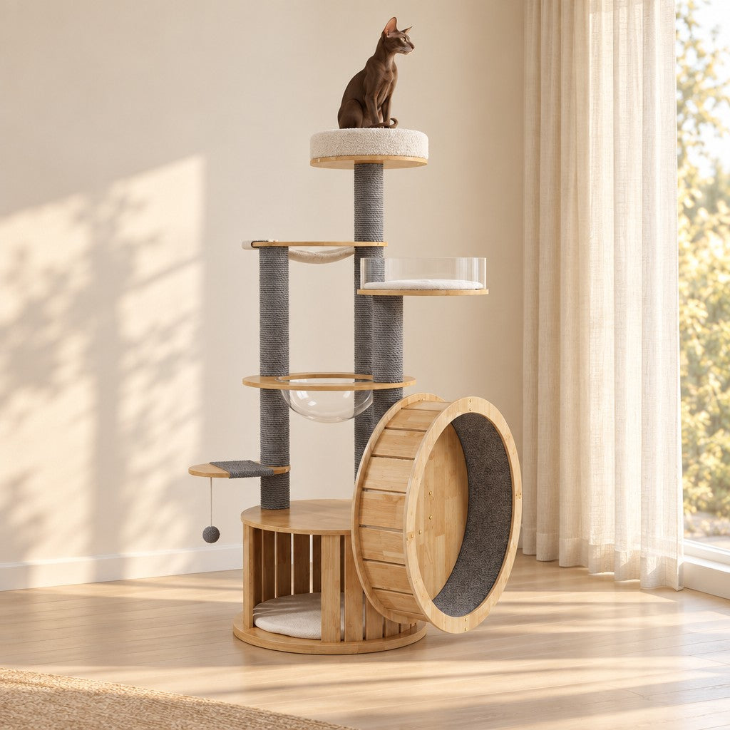 Un chat brun roux assis tout en haut de l'arbre à chat, sur le coussin rond, dans une pièce claire aux rideaux de lin.