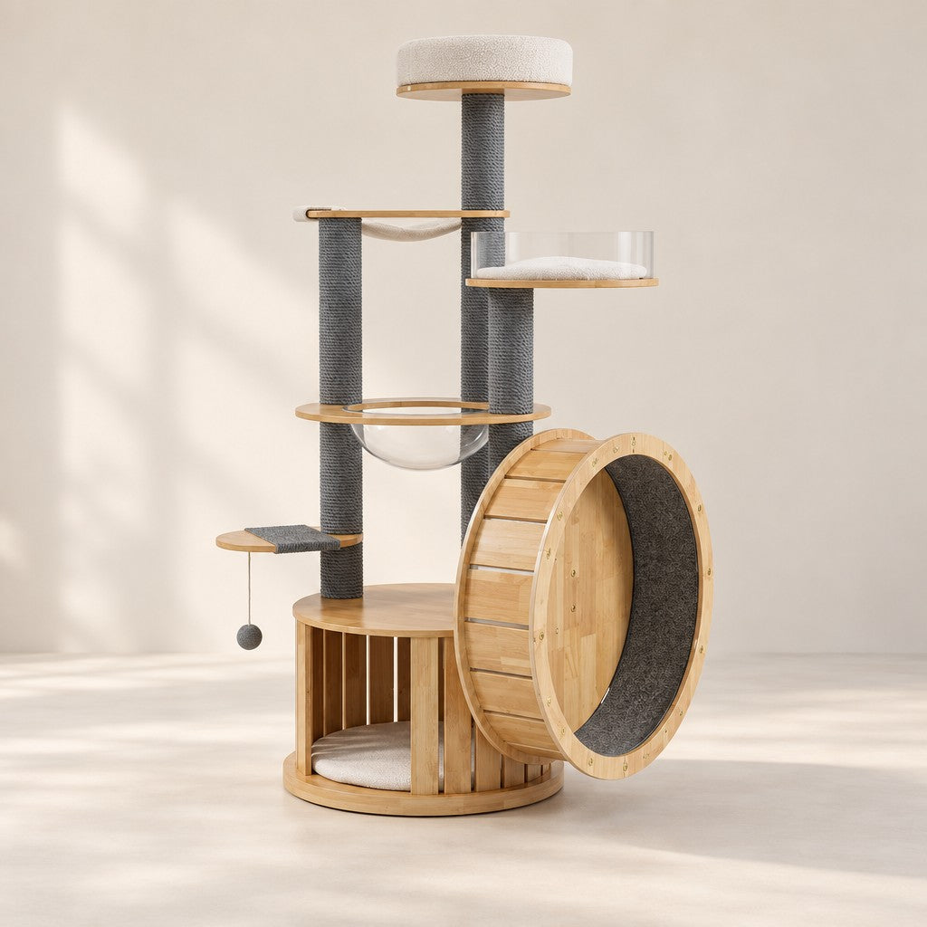 L'arbre à roue seul sur fond clair : roue en bois à piste moquettée, niche ronde à claire-voie, bulle transparente, hamac et plateforme haute à coussin.