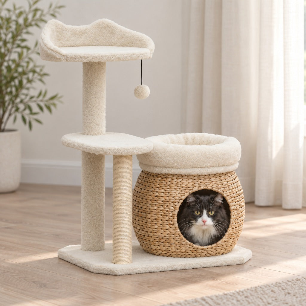 Un chat noir et blanc installé dans la maison en jonc tressé de l'arbre à chat crème et jonc naturel, seule sa tête sort de l'ouverture ronde