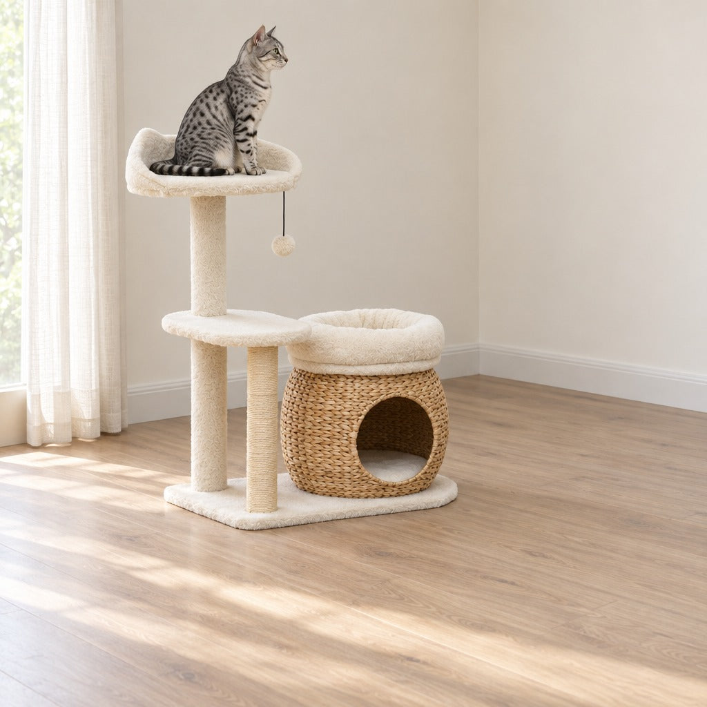 Un chat silver tabby assis de profil sur la coque haute de l'arbre à chat crème et jonc naturel, dans un salon clair
