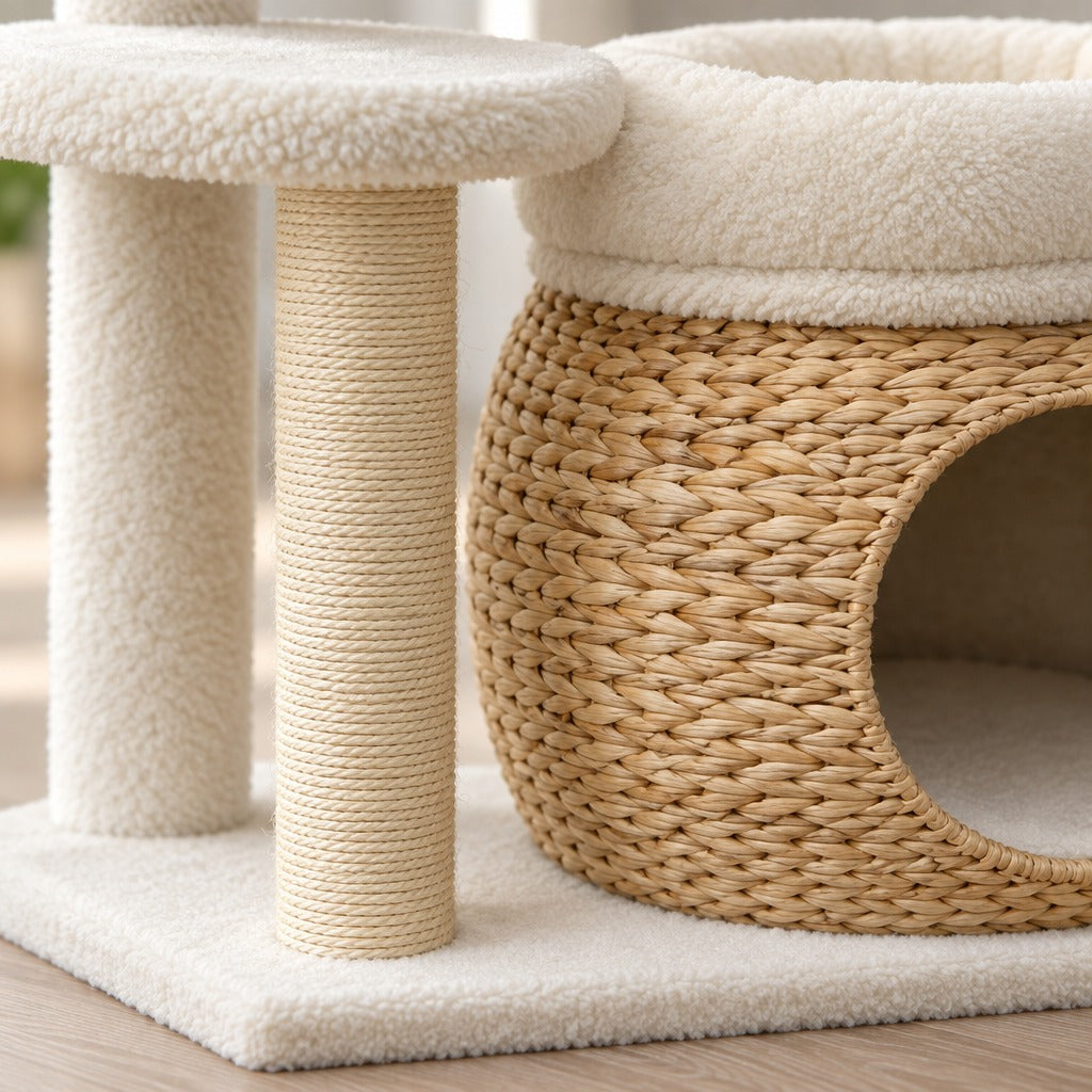 Gros plan sur le jonc tressé, la corde de sisal et la peluche crème de l'arbre à chat crème et jonc naturel