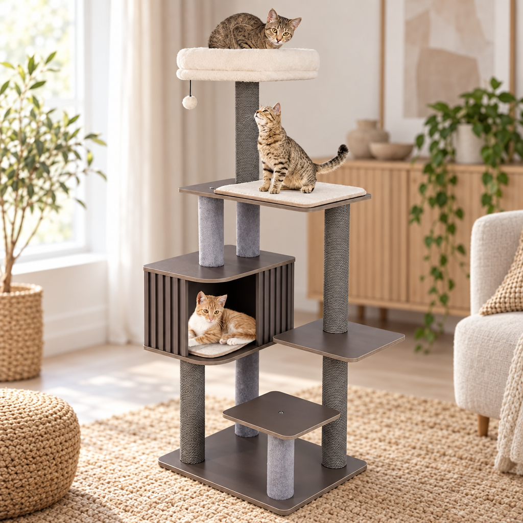 Arbre à Chat Monceau gris vu de la pièce, plateaux en quinconce et perchoir rond en haut