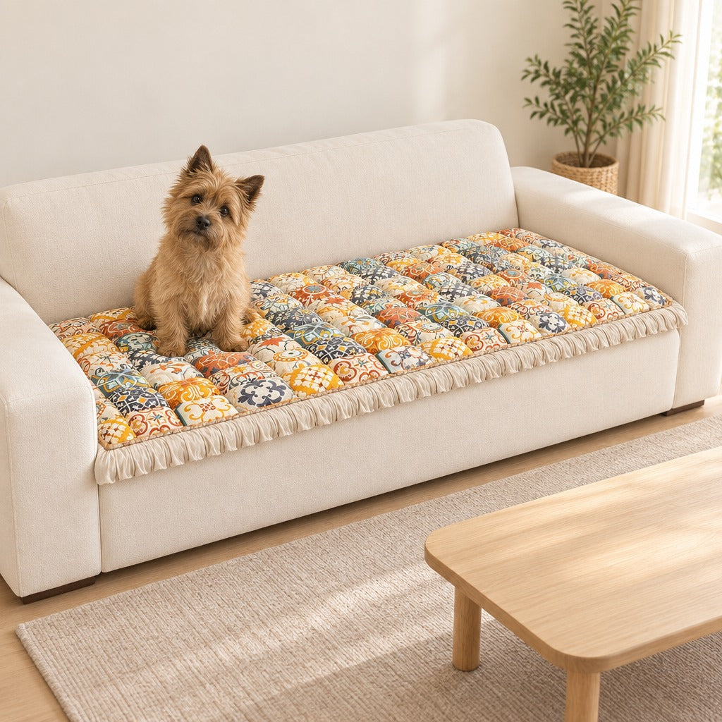 Un cairn terrier roux assis sur l'assise matelassée coloris Mosaïque Ocre qui couvre l'assise d'un canapé crème.