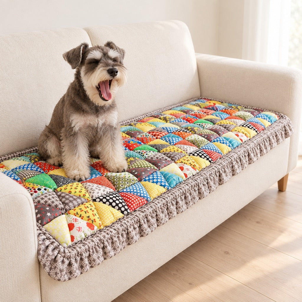 Un schnauzer nain poivre et sel assis sur l'assise matelassée coloris Patchwork Multicolore posée sur un canapé crème.