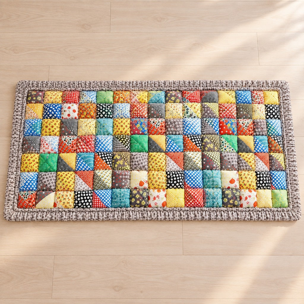 L'assise matelassée coloris Patchwork Multicolore posée à plat sur un parquet clair, volant froncé gris taupe tout autour.