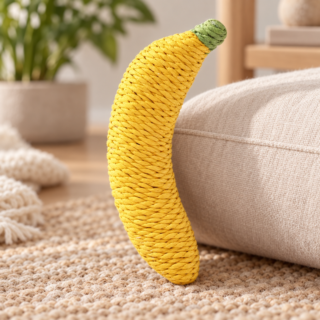 Banane en Sisal Marcel jaune adossée à un coussin en lin, sisal enroulé tour après tour