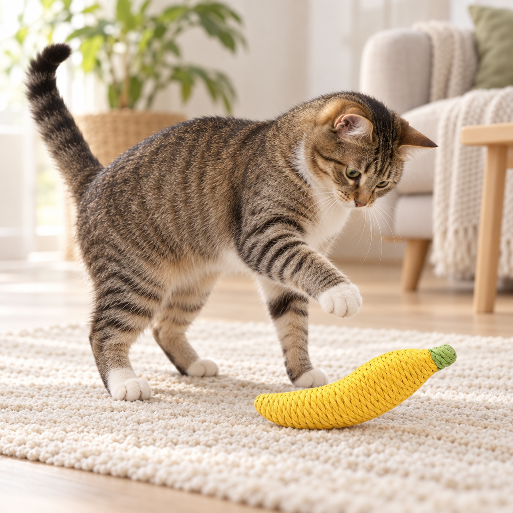 Chat debout sur un tapis, une patte levée au-dessus de la Banane en Sisal Marcel jaune posée au sol