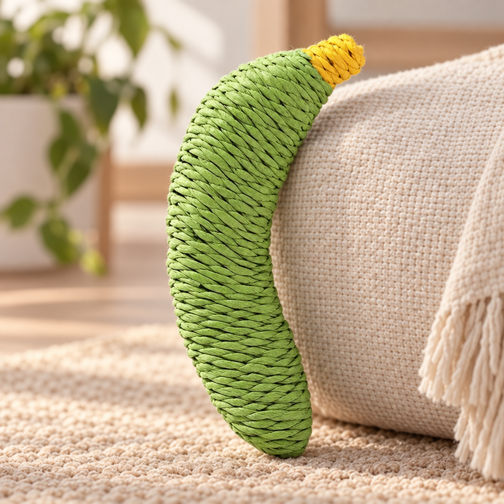Banane en Sisal Marcel verte adossée à un coussin en lin, sisal enroulé tour après tour