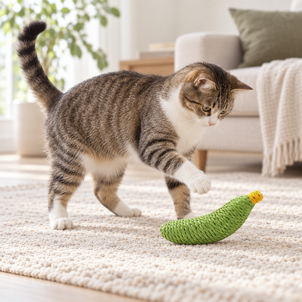 Chat debout sur un tapis, une patte levée au-dessus de la Banane en Sisal Marcel verte posée au sol