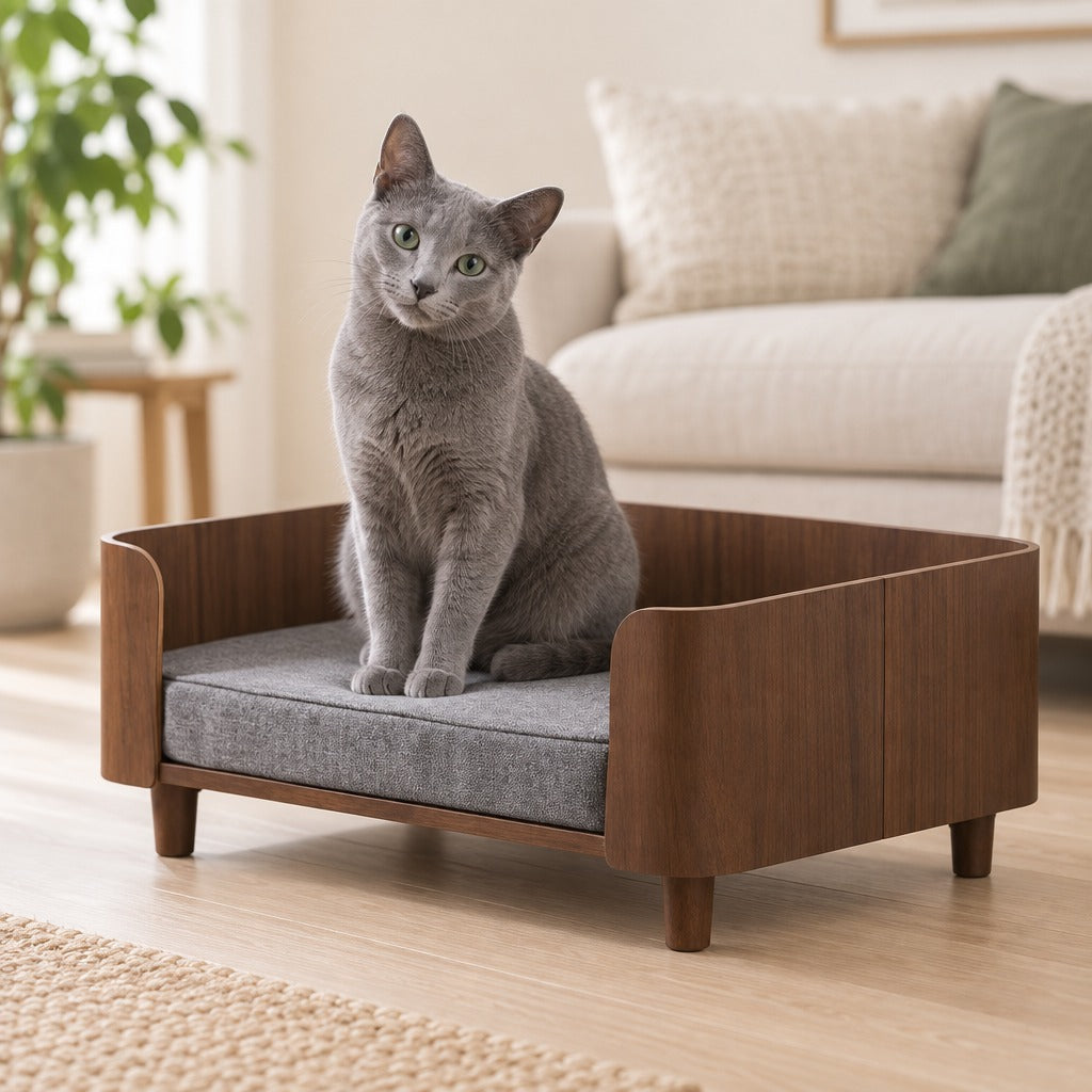 Chat bleu russe assis sur le coussin gris chiné de la banquette en bois noyer, dans un salon clair.