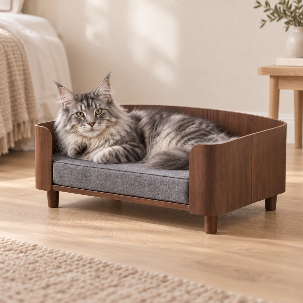 Chat maine coon silver tabby couché de tout son long sur le coussin gris chiné de la banquette en bois noyer, dans une chambre lumineuse.