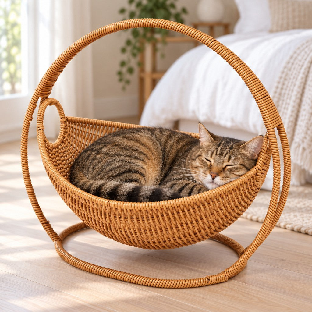 Un chat tigré endormi dans le panier tressé couleur miel, sous son grand cerceau