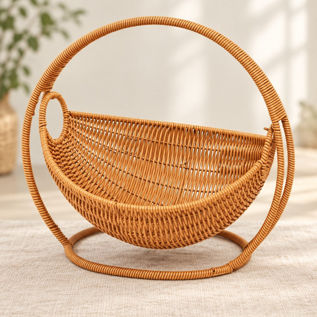 Le berceau tressé vu de face : panier en demi-lune, cerceau et socle ovale