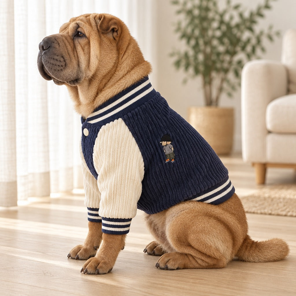 Shar Pei sable assis de profil dans un salon clair, vêtu du blouson bleu marine à manches crème.