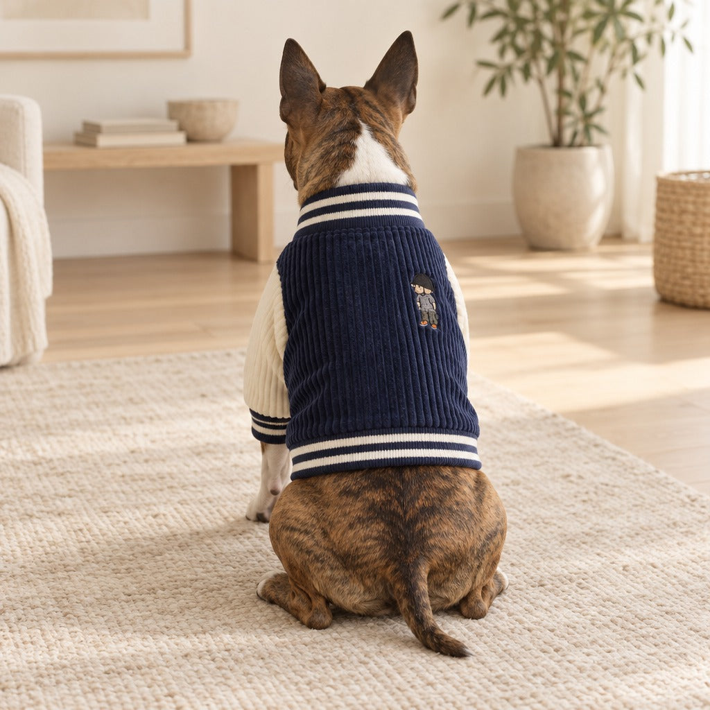 Bull terrier bringé assis de dos sur un tapis clair, le dos couvert par le blouson bleu marine.
