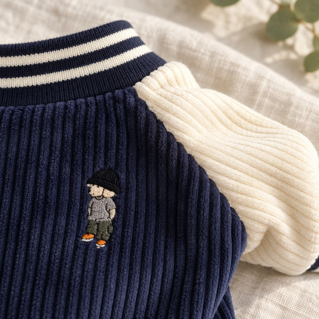 Gros plan sur l'épaule du blouson bleu marine, le velours côtelé, la manche crème et le petit motif brodé.