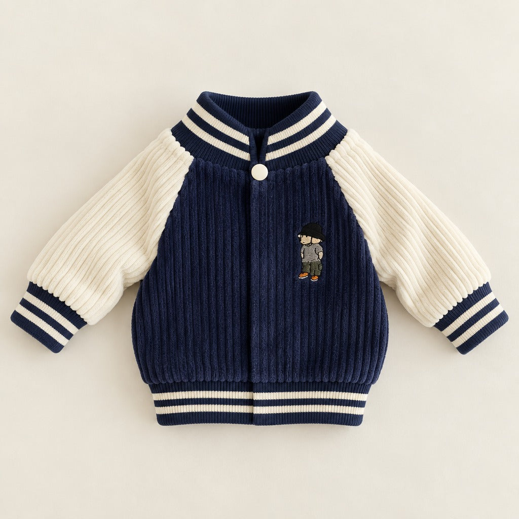 Blouson pour chien bleu marine à manches crème, vu seul et à plat sur un fond clair et neutre.