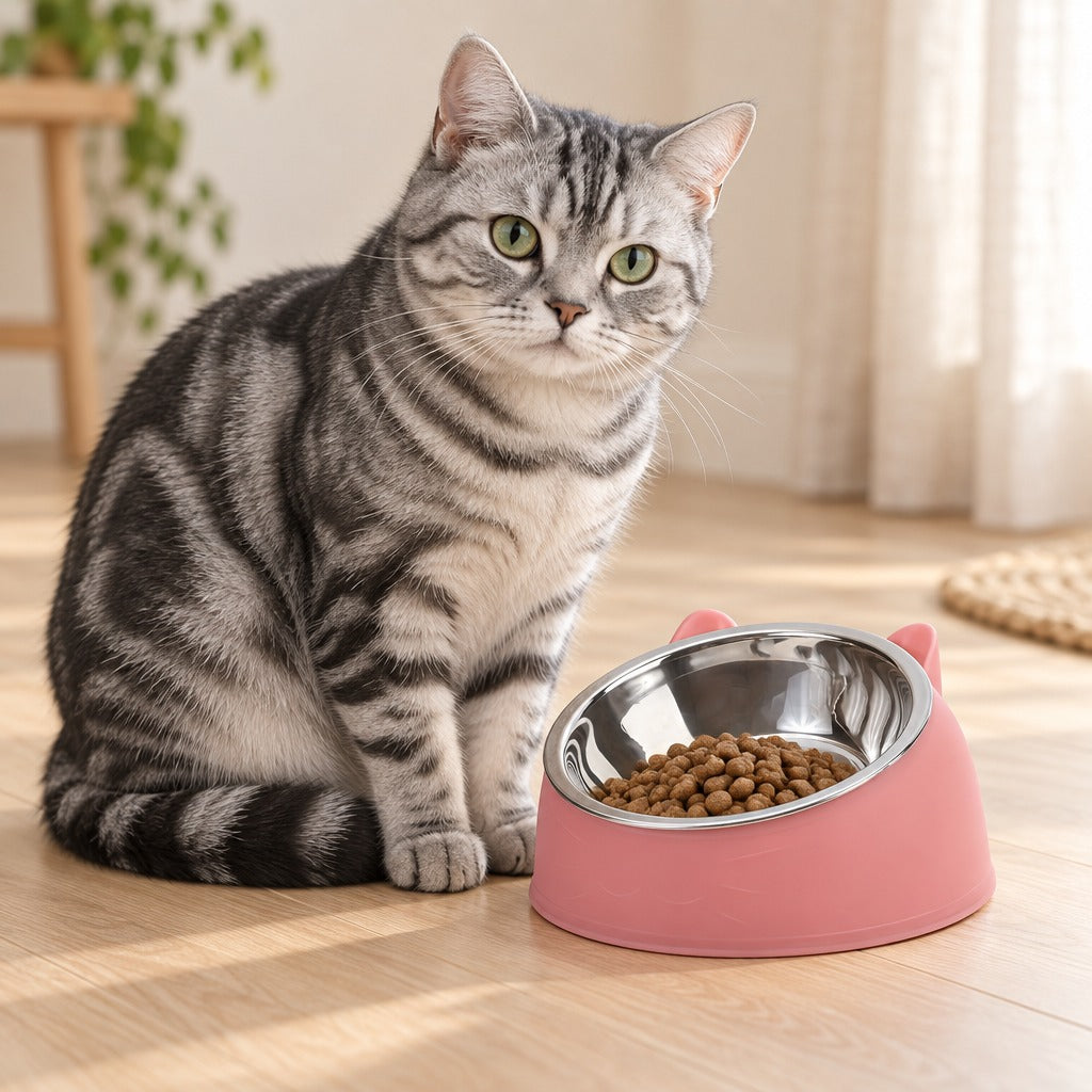 Chat tigré argenté assis à côté du bol à oreilles rose poudré garni de croquettes sur un parquet clair.