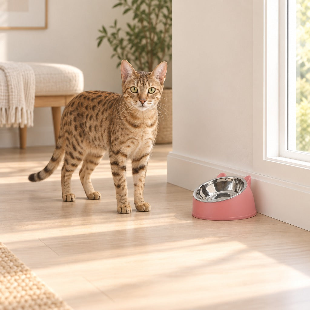 Bol à oreilles rose poudré posé contre une plinthe dans un séjour lumineux, un chat tacheté debout à quelques pas.