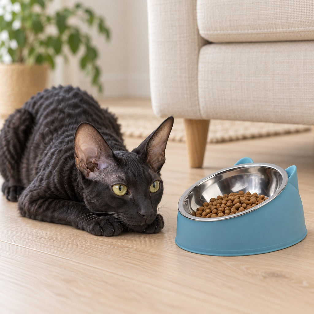Chat au poil ondulé couché près du bol à oreilles bleu orage rempli de croquettes.