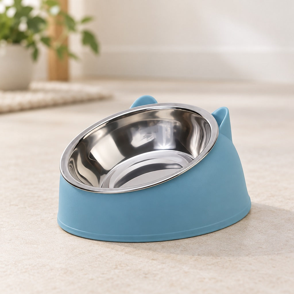 Bol à oreilles pour chat, coloris bleu orage, seul et vu de trois quarts, ses deux oreilles visibles à l'arrière.