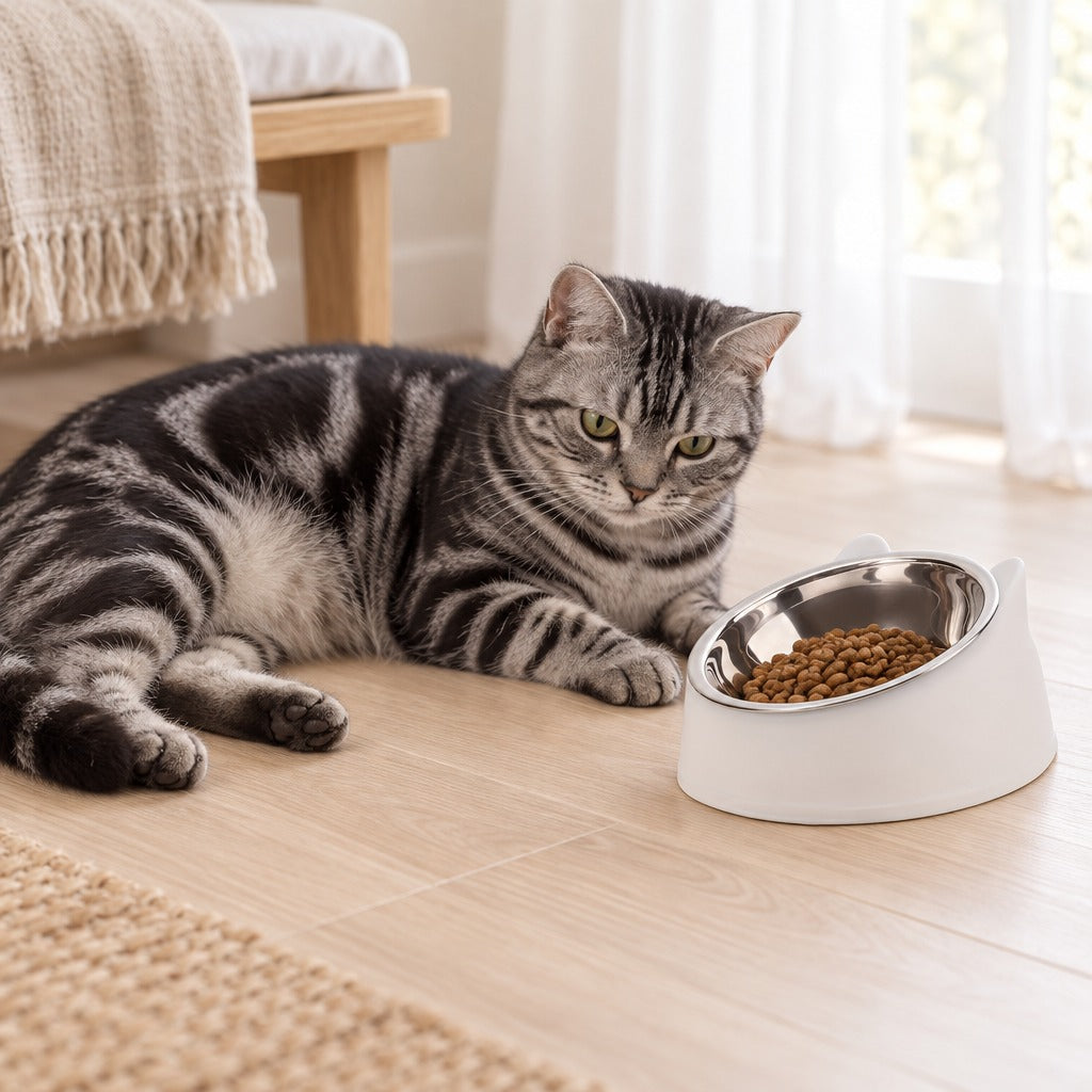 Chat tigré argenté couché près du bol à oreilles blanc craie garni de croquettes.