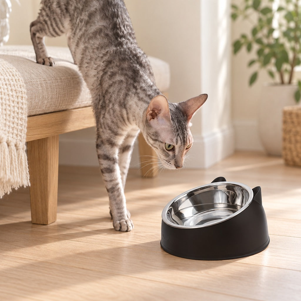 Chat tigré gris descendant d'une banquette vers le bol à oreilles noir mat rempli d'eau.