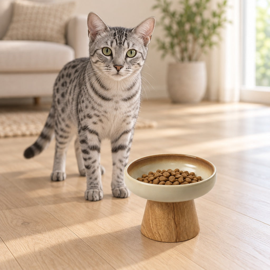 Un Mau égyptien tigré gris debout devant le bol rétro crème et bois naturel garni de croquettes, dans un salon clair au parquet pâle.