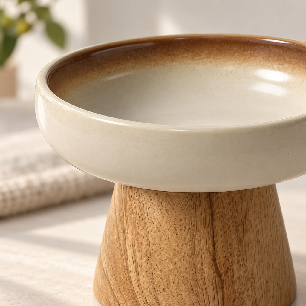 Gros plan sur la lèvre du bol rétro crème et bois naturel, la couronne d'émail brun du bord intérieur et le haut du socle conique en bois.