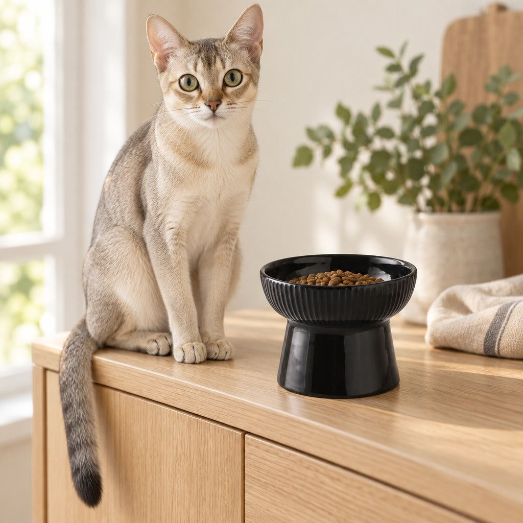 Chat singapura silver tabby assis sur un buffet en bois clair à côté du bol sur pied noir à bord droit.