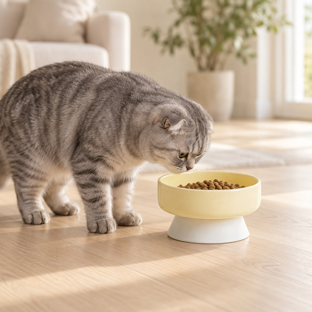 Un chat tigré gris baisse la tête dans le bol surélevé jaune pâle, modèle bol creux, posé sur un parquet clair.
